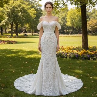 Gorgeous Handmade Beading Lace Beige Wedding Dress