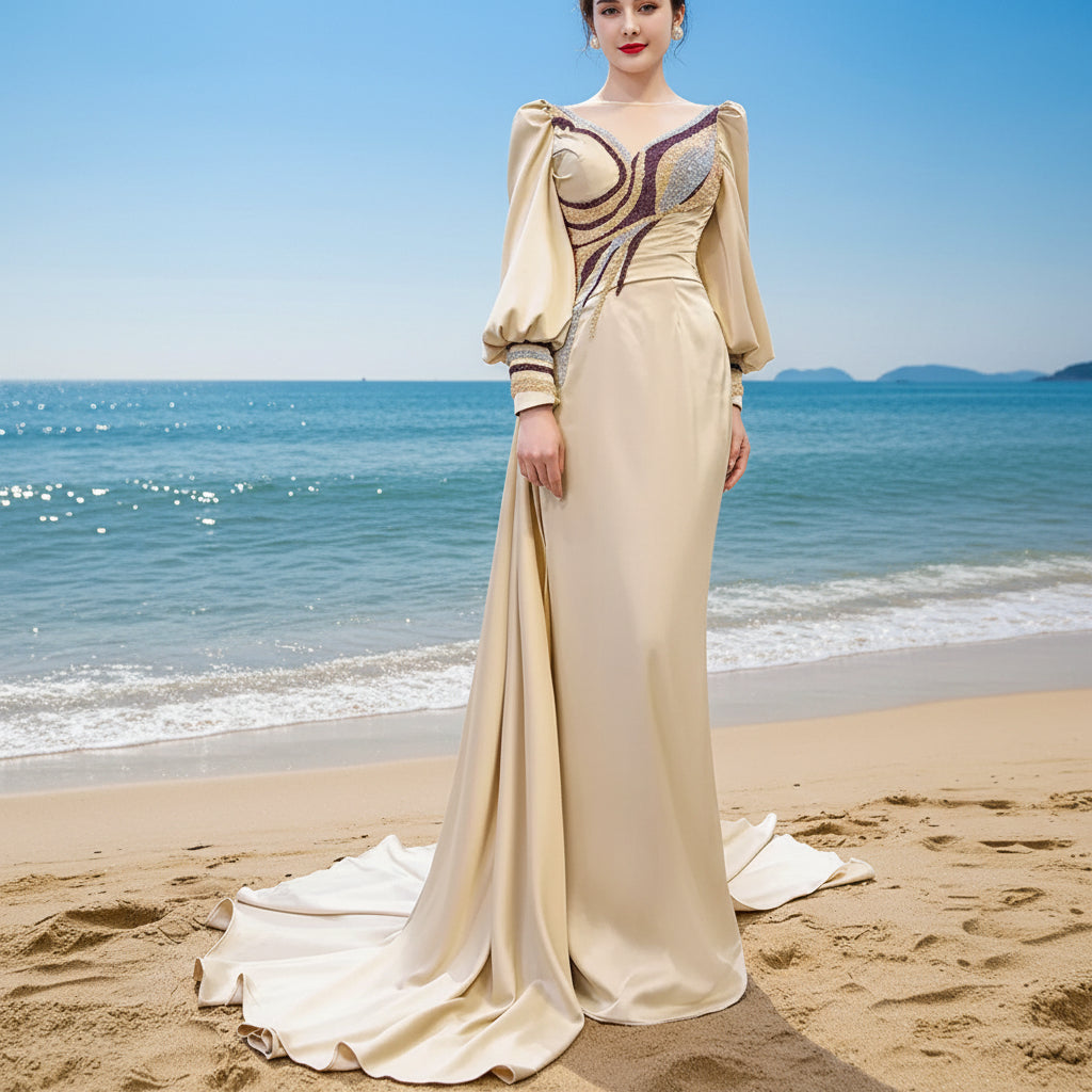 Champagne Satin Evening Dress Fit Flare Long Sleeve Party Formal Dress Rosymae Champagne Satin Evening Dress Fit Flare Long Sleeve Party Formal Dress Rosymae
