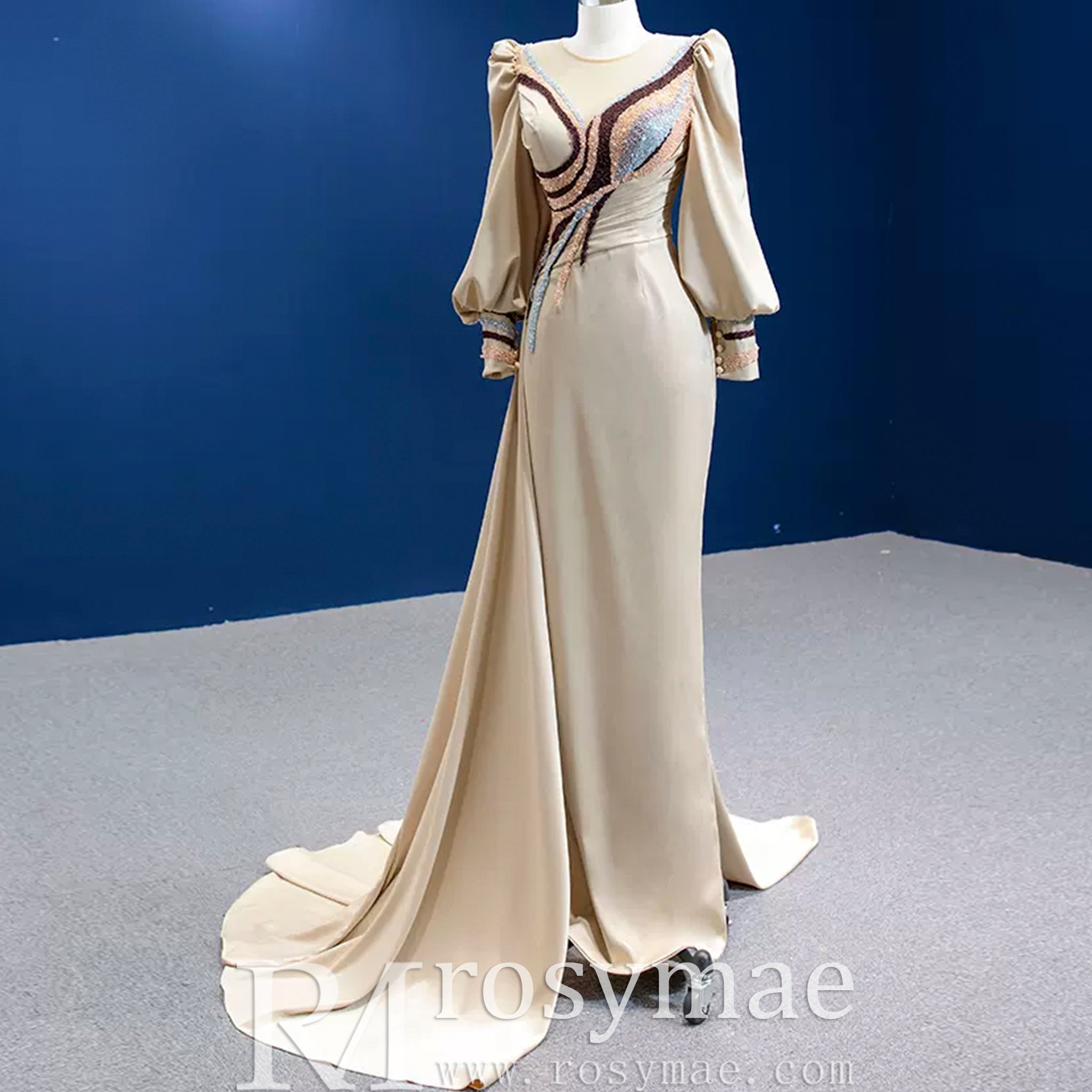 Champagne Satin Evening Dress Fit Flare Long Sleeve Party Formal Dress Champagne / 22W Champagne Satin Evening Dress Fit Flare Long Sleeve Party Formal Dress Champagne / 22W