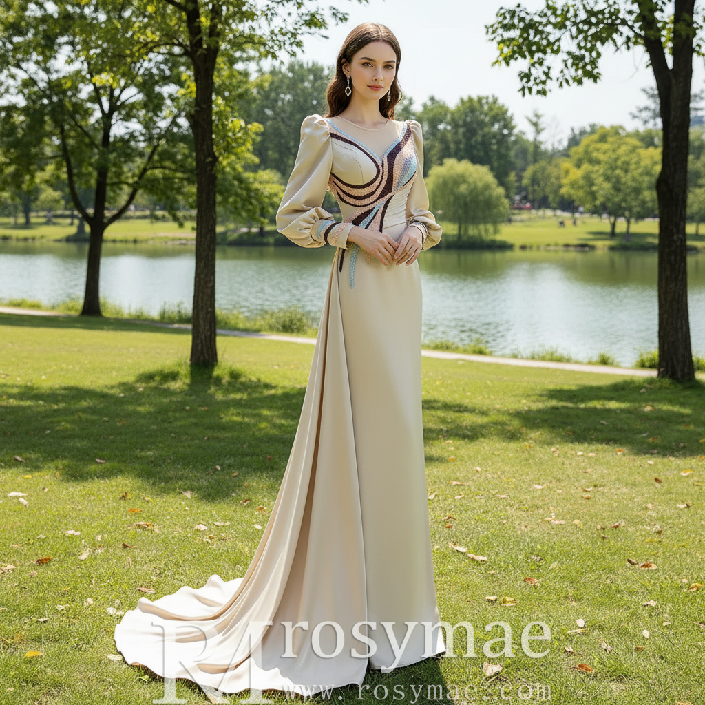 Champagne Satin Evening Dress Fit Flare Long Sleeve Party Formal Dress Rosymae Champagne Satin Evening Dress Fit Flare Long Sleeve Party Formal Dress Rosymae