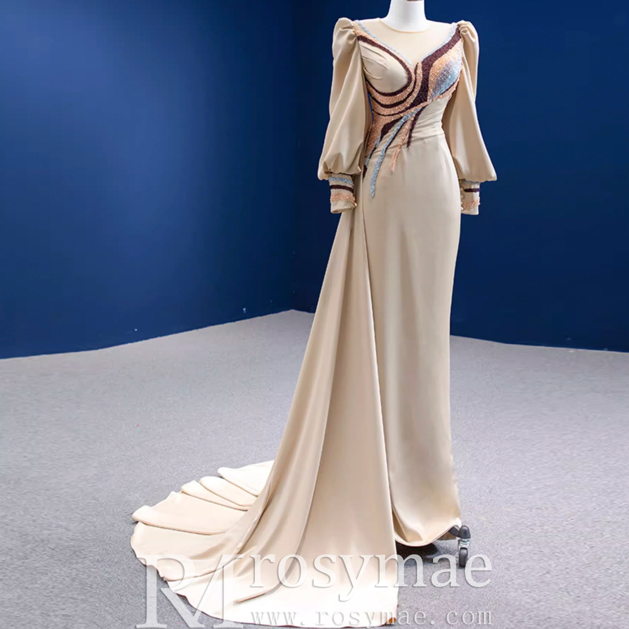 Champagne Satin Evening Dress Fit Flare Long Sleeve Party Formal Dress Champagne / 22w Champagne Satin Evening Dress Fit Flare Long Sleeve Party Formal Dress Champagne / 22w