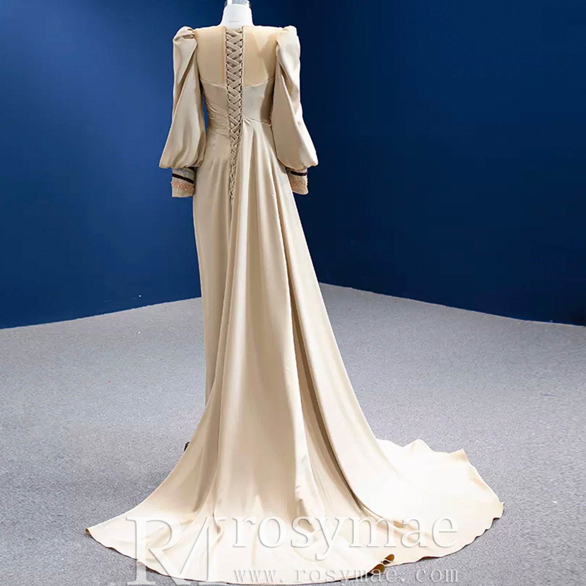 Champagne Satin Evening Dress Fit Flare Long Sleeve Party Formal Dress Champagne / 22W Champagne Satin Evening Dress Fit Flare Long Sleeve Party Formal Dress Champagne / 22W