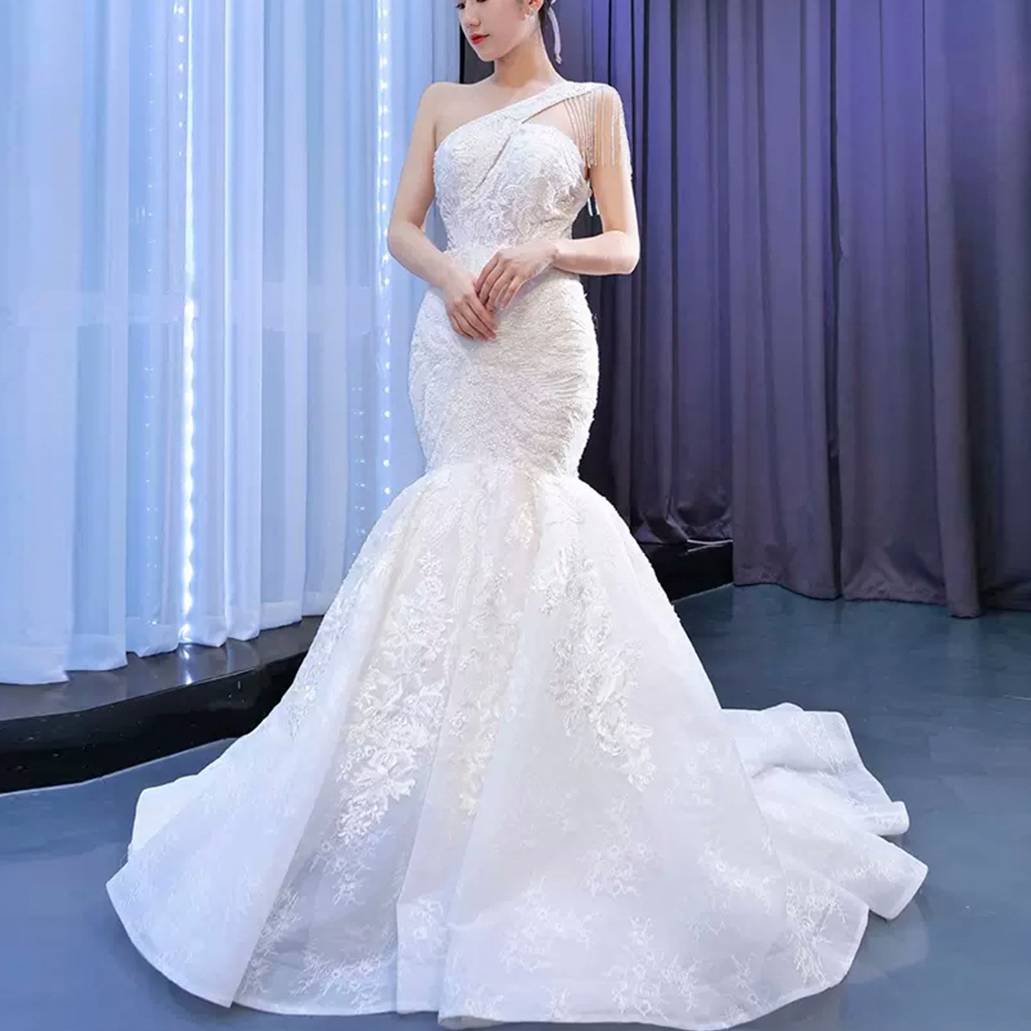 Vintage One Shoulder Cap Sleeve Lace Mermaid Wedding Dress White / 12 Vintage One Shoulder Cap Sleeve Lace Mermaid Wedding Dress White / 12