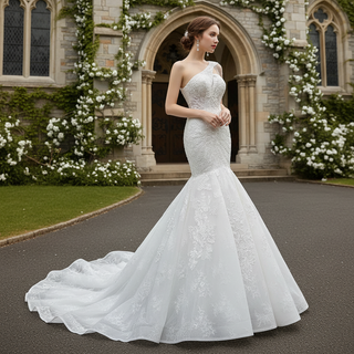 Vintage One Shoulder Cap Sleeve Lace Mermaid Wedding Dress