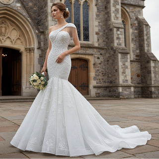 Vintage One Shoulder Cap Sleeve Lace Mermaid Wedding Dress