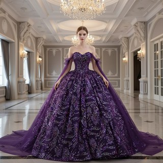 Sparkly Sequin Purple Wedding Dress with Off Shoulder Quinceanera Gown