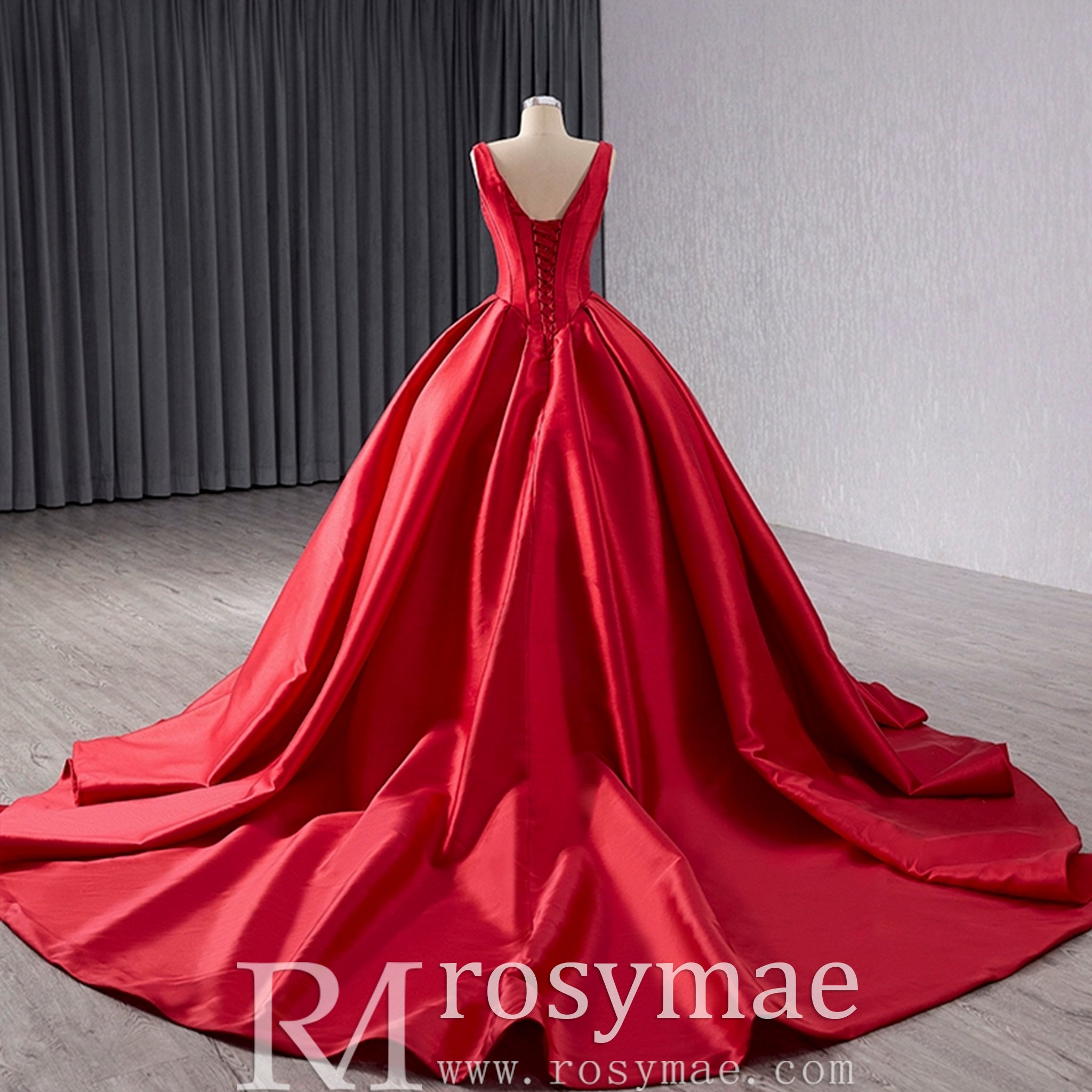 Ball Gown Satin Red Wedding Dress Formal Prom Gown with Double V Rosymae Ball Gown Satin Red Wedding Dress Formal Prom Gown with Double V Rosymae