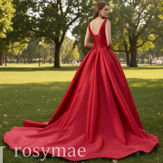 Ball Gown Satin Red Wedding Dress Formal Prom Gown with Double V