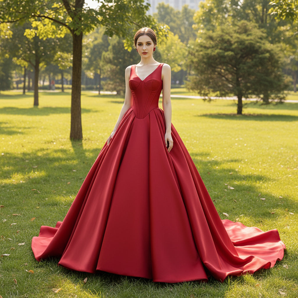 Ball Gown Satin Red Wedding Dress Formal Prom Gown with Double V Red / 20W Ball Gown Satin Red Wedding Dress Formal Prom Gown with Double V Red / 20W