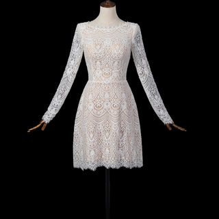 Short Knee-Length A-Line Long Sleeve Lace Wedding Dress with Keyhole Back