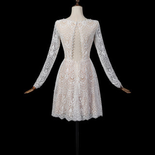 Short Knee-Length A-Line Long Sleeve Lace Wedding Dress with Keyhole Back