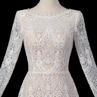 Short Knee-Length A-Line Long Sleeve Lace Wedding Dress with Keyhole Back
