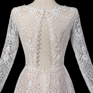 Short Knee-Length A-Line Long Sleeve Lace Wedding Dress with Keyhole Back