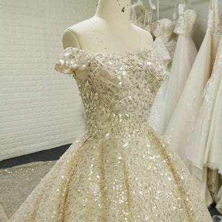 Vintage Champagne Gold Wedding Dress with Off the Shoulder