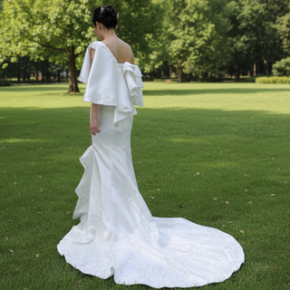 Vintage Satin Mermaid One Shoulder Wedding Dress with Ruffle Sleeves