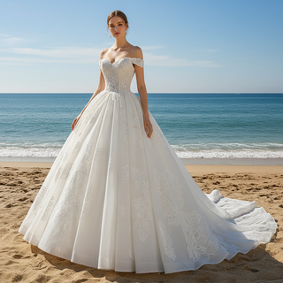 Off the Shoulder Puffy Ball Gown Wedding Dress with Ruch