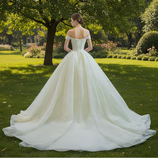 Off the Shoulder Puffy Ball Gown Wedding Dress with Ruch