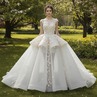 Robe de mariée volumineuse à surjupe étagée avec fleurs 3D et sous-jupe mini bouffante