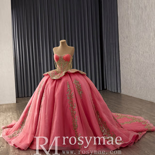 Strapless Sweetheart Quinceañera Dress with Voluminous Skirt and Gold Details