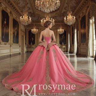 Strapless Sweetheart Quinceañera Dress with Voluminous Skirt and Gold Details