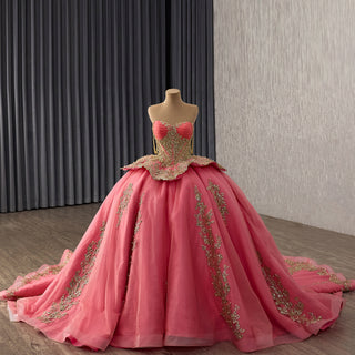 Strapless Sweetheart Quinceañera Dress with Voluminous Skirt and Gold Details