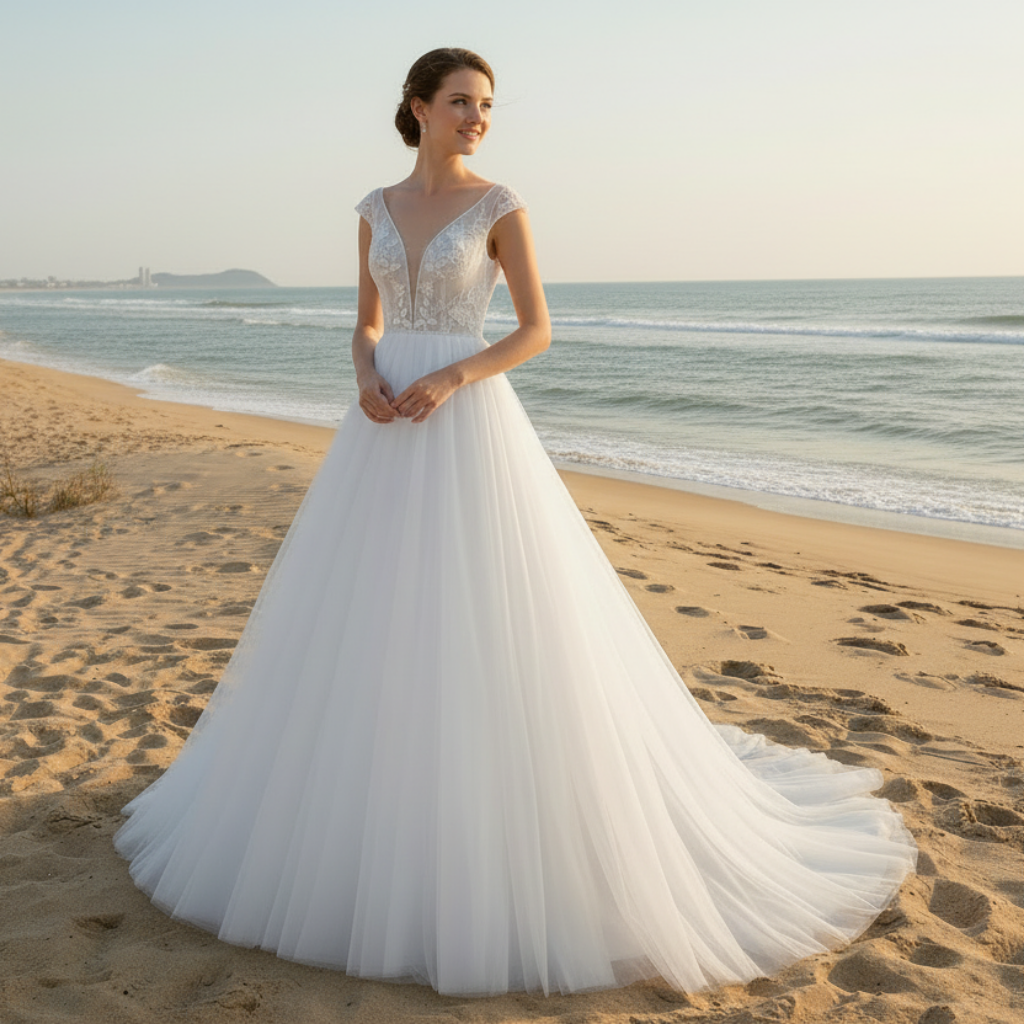 Elegant A-line Flowy Wedding Dress with Cap Sleeve for Beach Rosymae Elegant A-line Flowy Wedding Dress with Cap Sleeve for Beach Rosymae
