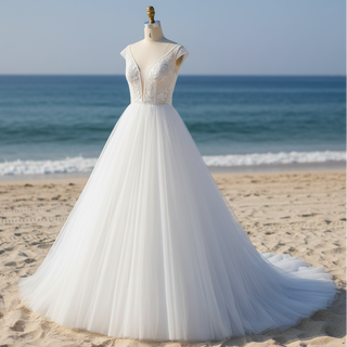 Elegant A-line Flowy Wedding Dress with Cap Sleeve for Beach