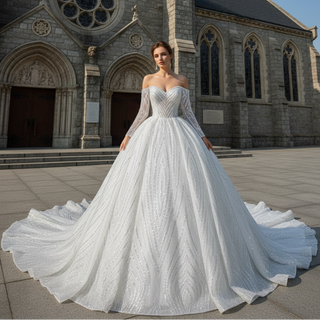 Sparkly Ball Gown Long Sleeve Wedding Dress with Off the Shoulder