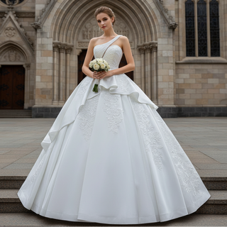 One Shoulder Ball Gown Wedding Dress Lace Appliqued Satin Bridal Gown