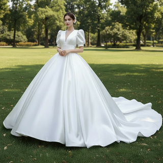 Modest Ball Gown Half Puff Sleeve Satin Wedding Dress with Vneck