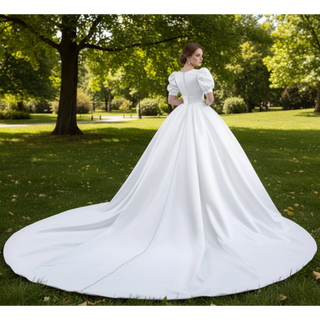 Modest Ball Gown Half Puff Sleeve Satin Wedding Dress with Vneck