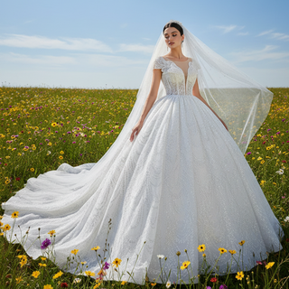 High-end Ball Gown Puffy Skirt Wedding Dress with Sheer Scoop Neck