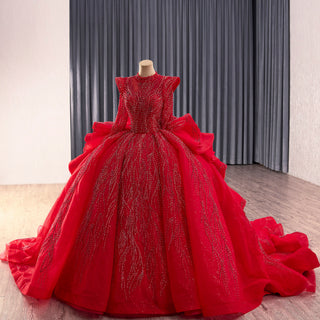 Luxury Modest High Neck Ball Gown Wedding Dress with Long Sleeve