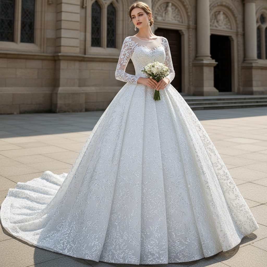 Fully Beaded Scoop Ball Gown Wedding Dress Long Sleeve Bridal Gown White / 28W Fully Beaded Scoop Ball Gown Wedding Dress Long Sleeve Bridal Gown White / 28W