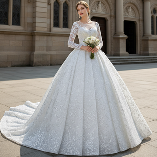 Fully Beaded Scoop Ball Gown Wedding Dress Long Sleeve Bridal Gown