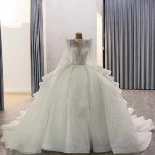 Luxury Modest High Neck Ball Gown Wedding Dress with Long Sleeve