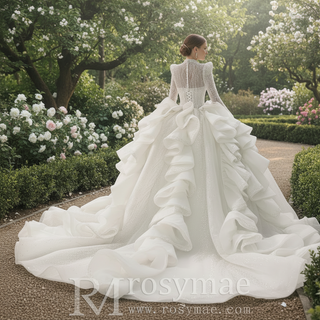 Luxury Modest High Neck Ball Gown Wedding Dress with Long Sleeve