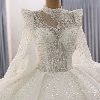 Luxury Modest High Neck Ball Gown Wedding Dress with Long Sleeve