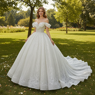 Puffy Lace Wedding Dress Vintage Off the Shoulder Bridal Gown