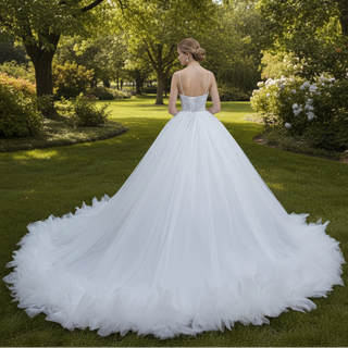 Luxury Beaded Tulle Ball Gown Wedding Dress with Spaghetti Straps