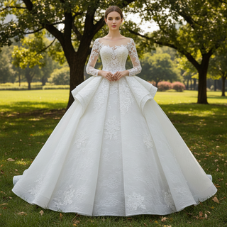 Vintage Ball Gown Lace Ruffle Wedding Dress with Sheer Long Sleeves