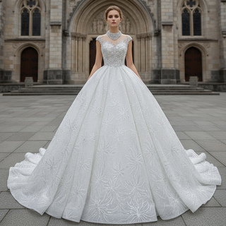 Vintage High Neck Beaded Wedding Dress Floral Lace Bridal Gown