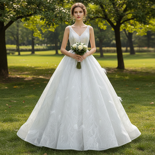 Sparkly Ball Gown Lace Vneck Wedding Dress with Feather