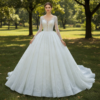 Long Sleeve Lace Puffy Wedding Dress Vintage Ball Gown