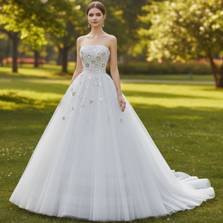 Strapless Beaded Star Wedding Dress Sheer A-line Bridal Gown
