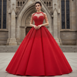 Beaded Pearls Long Sleeve Wedding Dress Luxury O-neck Bridal Gown