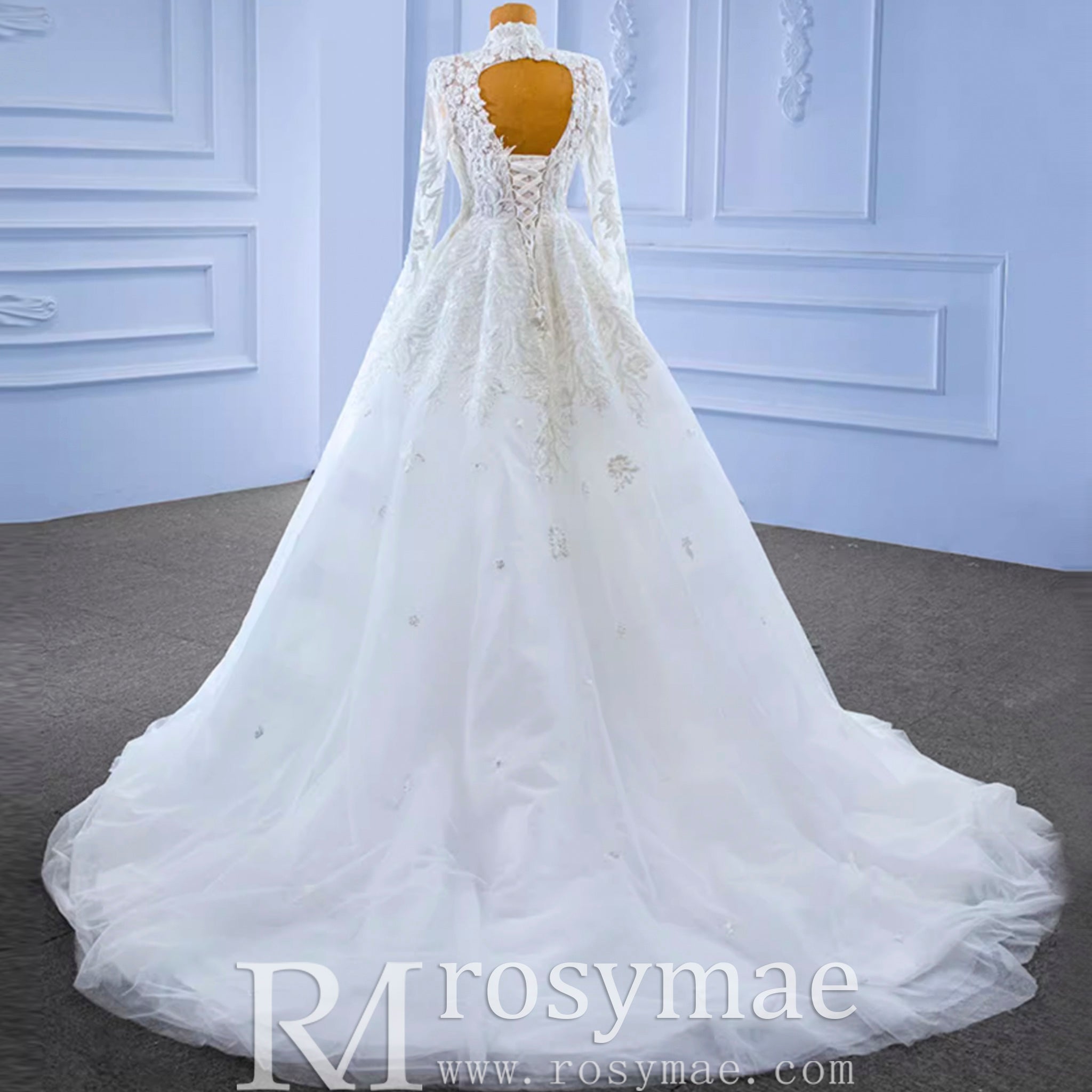 Modest High Neck and Keyhole Wedding Dress with Long Sleeves White / 24W Modest High Neck and Keyhole Wedding Dress with Long Sleeves White / 24W