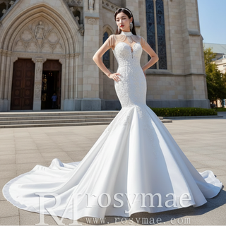 Vintage High Neck Mermaid Wedding Dress Trumpet Wedding Gown