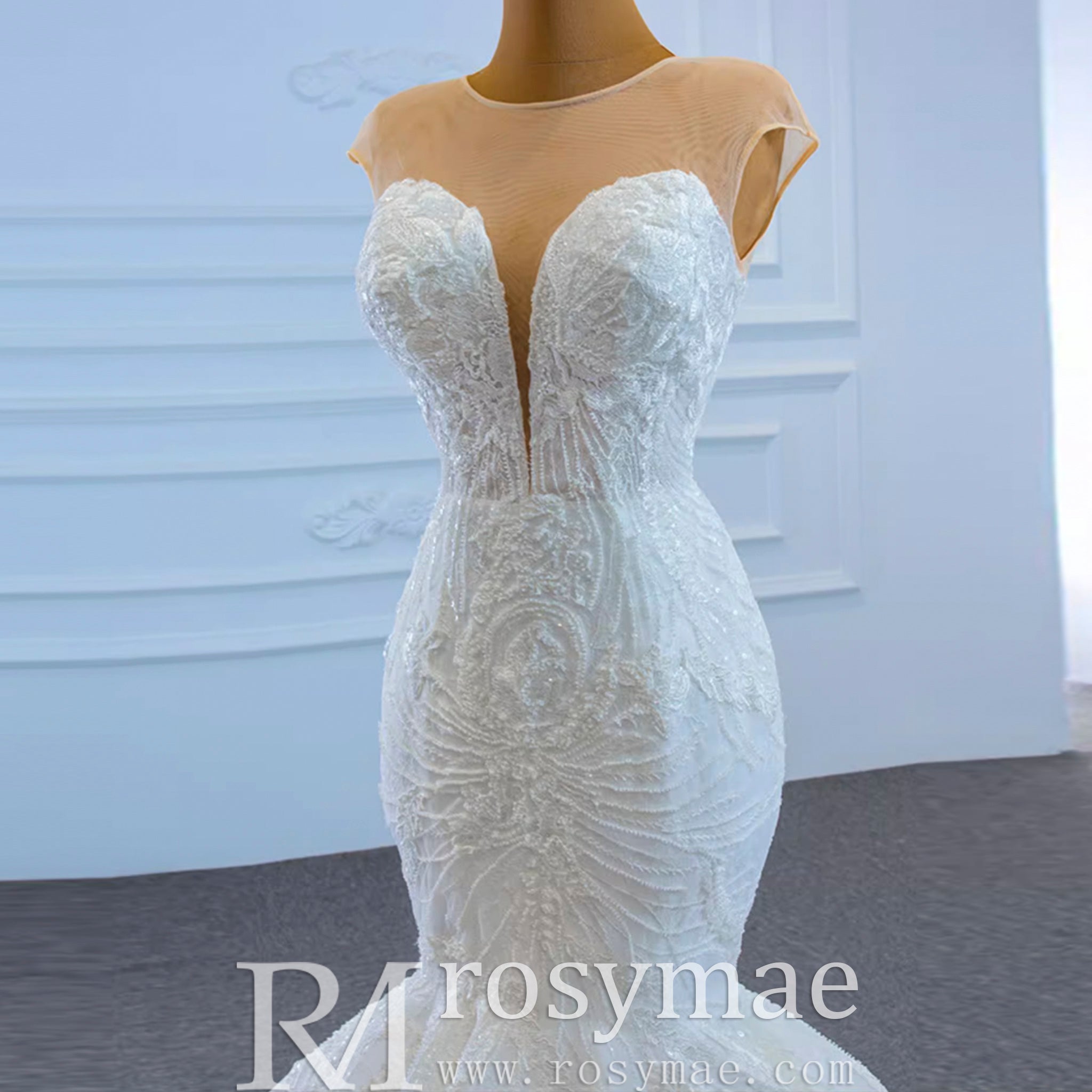 High Sheer Back Beaded Lace Trumpet Wedding Dress with Cap Sleeve White / 22W High Sheer Back Beaded Lace Trumpet Wedding Dress with Cap Sleeve White / 22W