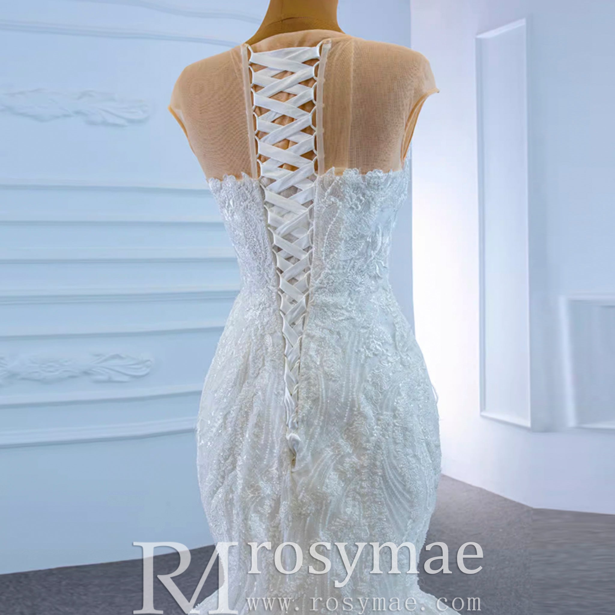 High Sheer Back Beaded Lace Trumpet Wedding Dress with Cap Sleeve White / 22W High Sheer Back Beaded Lace Trumpet Wedding Dress with Cap Sleeve White / 22W